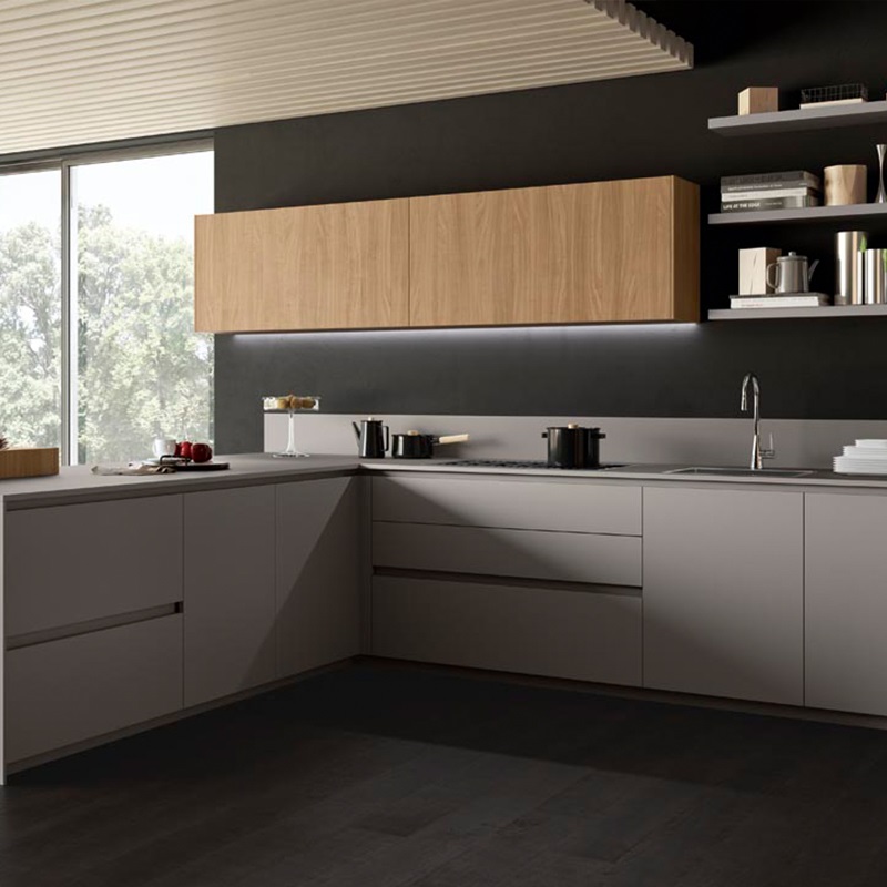 Hot Modern Design Lacquer white kitchen cabinets mixing with wood veneer wall unit