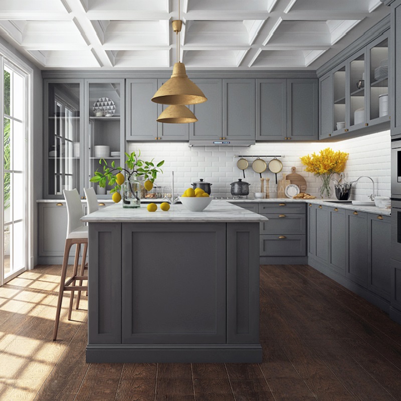 Classic shaker style grey solid wood kitchen storage cabinets