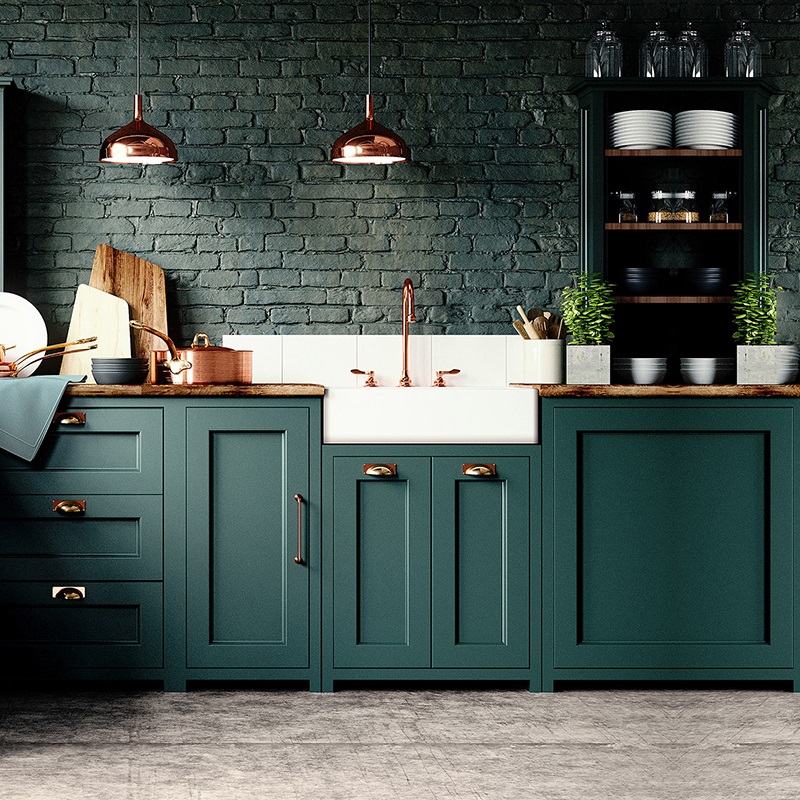 Vintage countrystyle green kitchen cabinets in solid wood