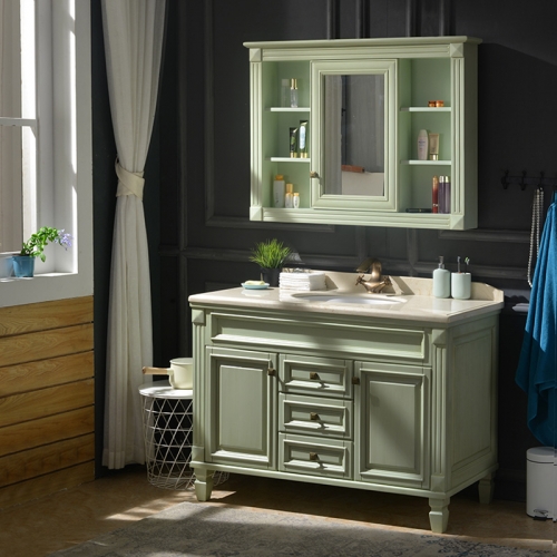 White green single Sink Marble Bathroom Cabinet Modern free standing Washroom Solid Wood Vanity set